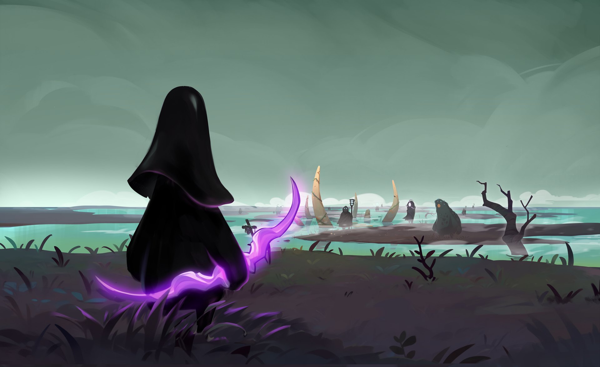 Despiry key art: a hooded figure with a glowing purple scythe looks over a misty swamp